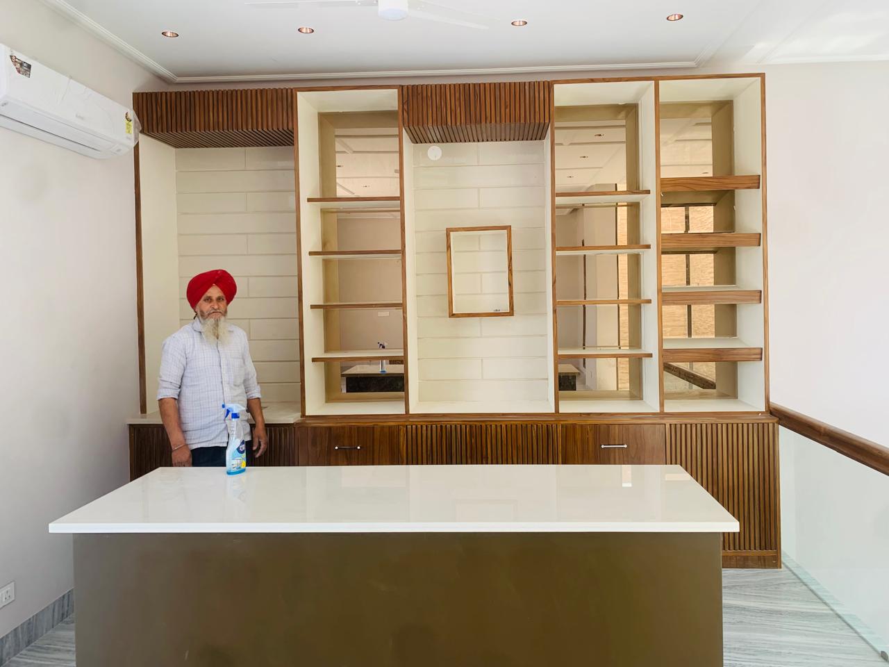 Custom Wooden Wall Shelving Unit with Counter